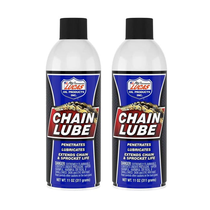 Generic chain lube front packaging showing aerosol can for durable chain protection