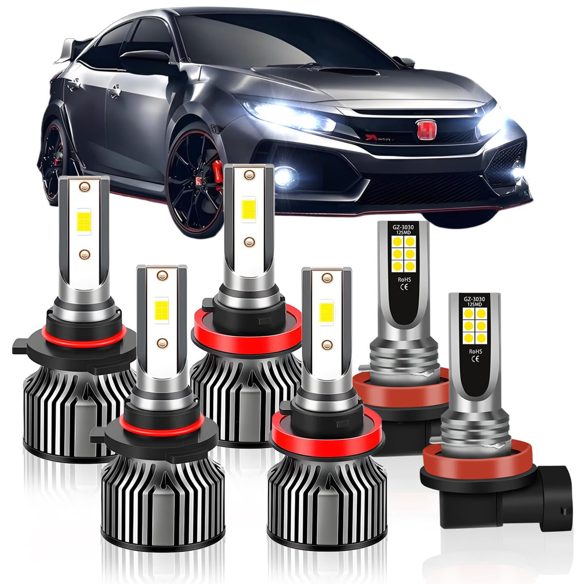Generic brand front packaging showing complete 6-piece Civic bulb kit and modern look