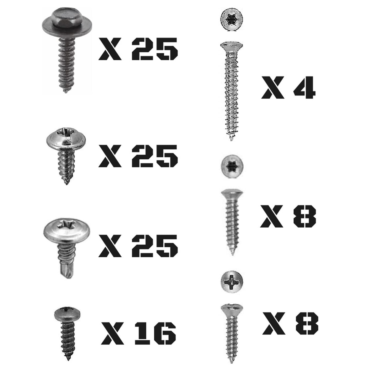 Generic close-up of screw heads and washers, shows fitment details and corrosion resistance