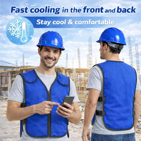 Generic cooling vest close-up of polyester-cotton fabric and reflective strip for durable comfort