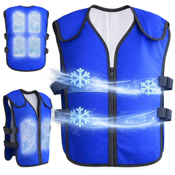 Generic cooling vest front view showing pockets and reflective strips for safer visibility