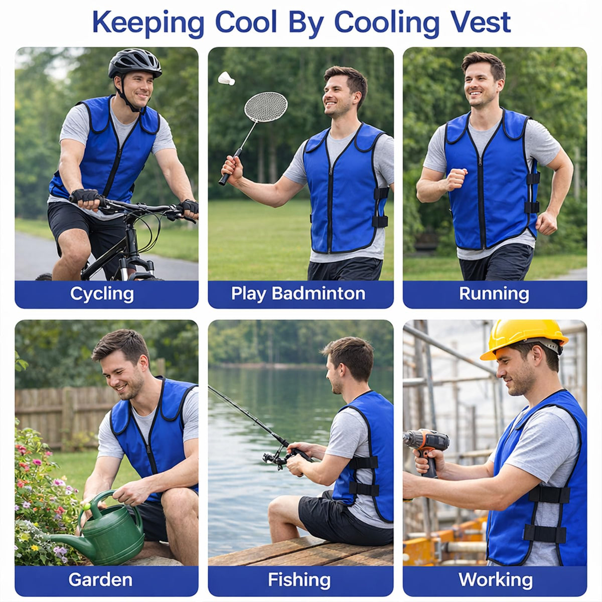 Generic cooling vest on construction worker at job site combining cooling and high-visibility safety