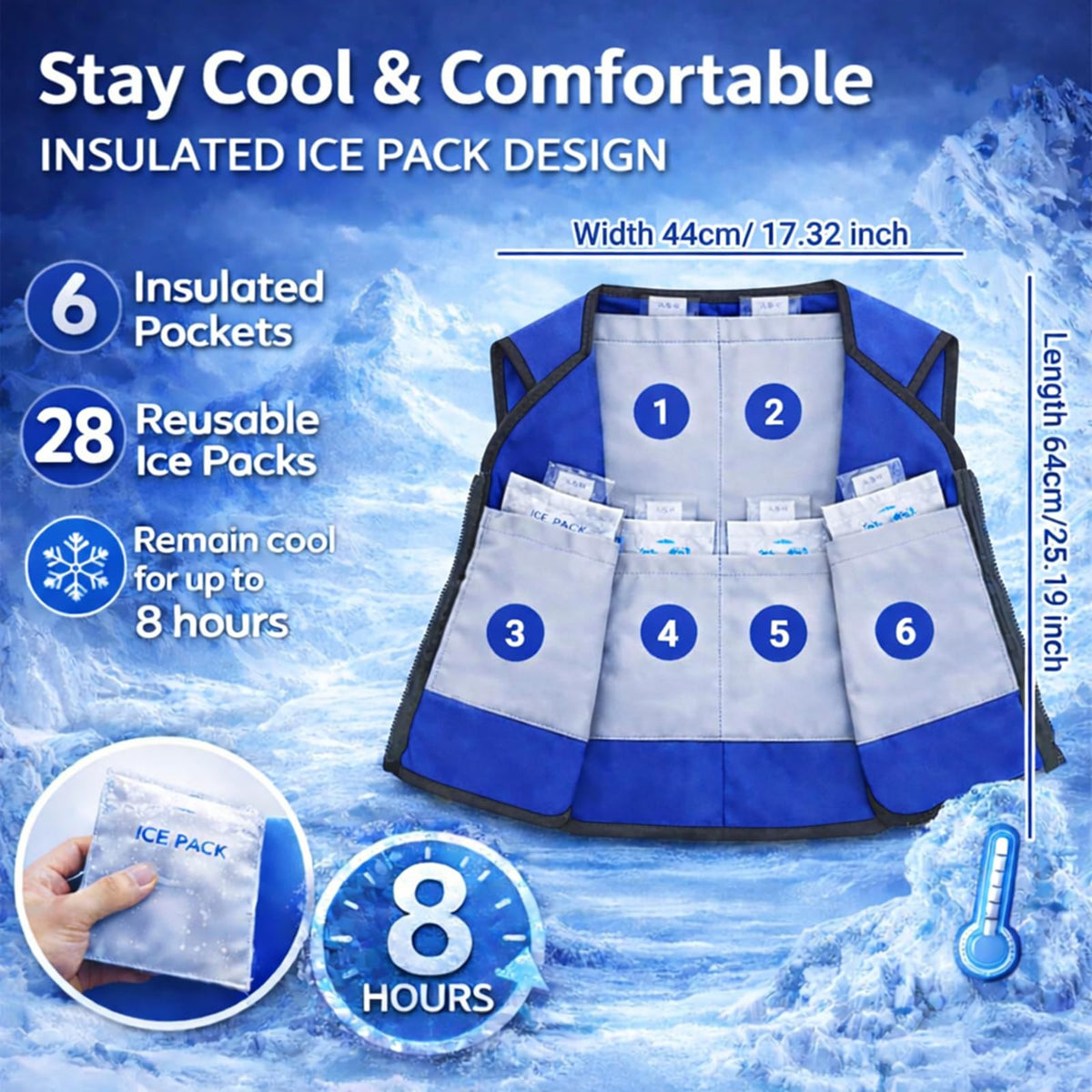 Generic cooling vest next to water bottle to show scale and adjustable fit for most adults