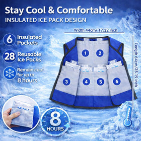 Generic cooling vest next to water bottle to show scale and adjustable fit for most adults