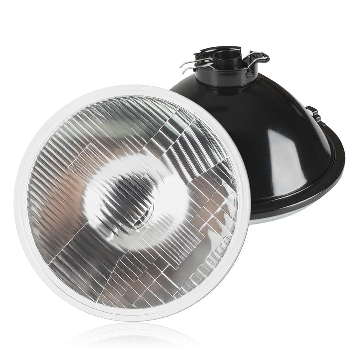 Generic 7-inch headlight front view showing chrome housing and clear lens for improved visibility