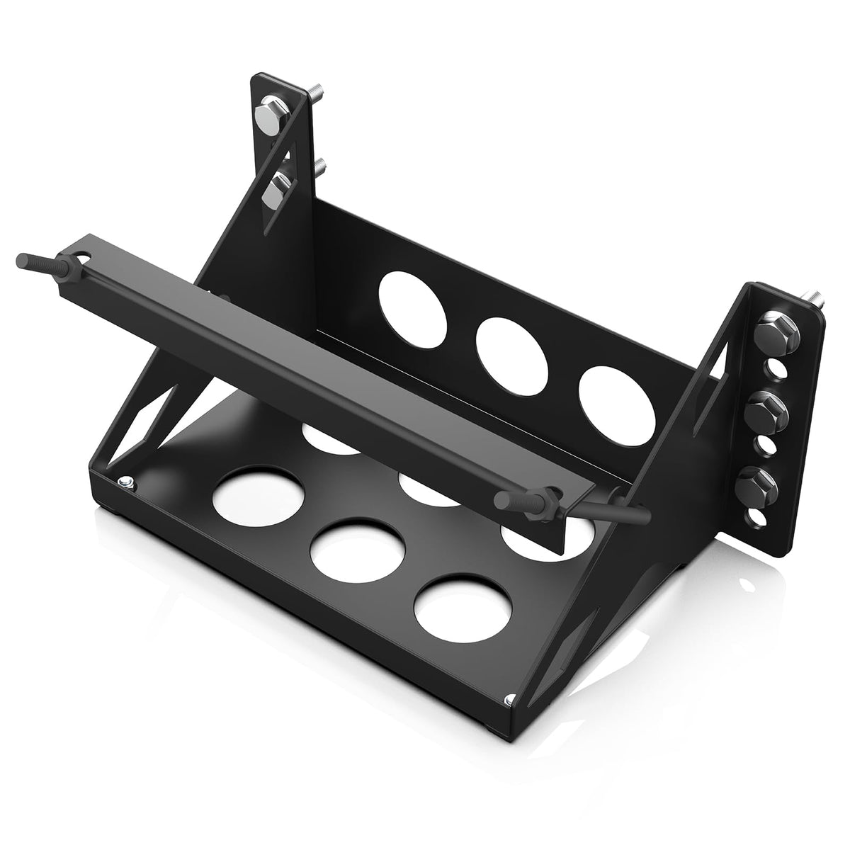 Generic front view battery tray showing sturdy steel construction and mounting benefits