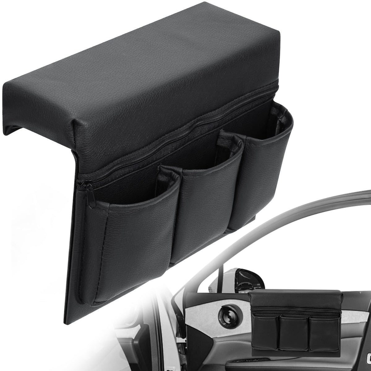 Generic front view of car window storage box showing multiple pockets and sleek profile