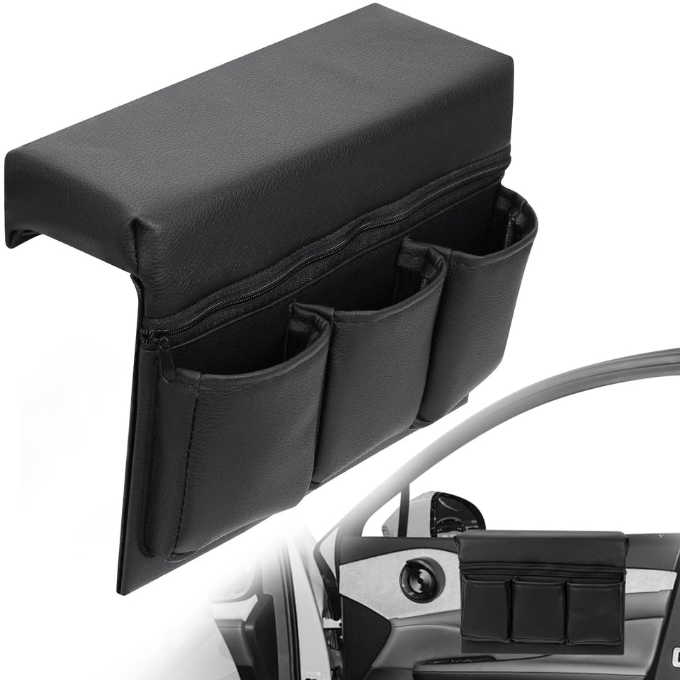 Generic front view of car window storage box showing multiple pockets and sleek profile