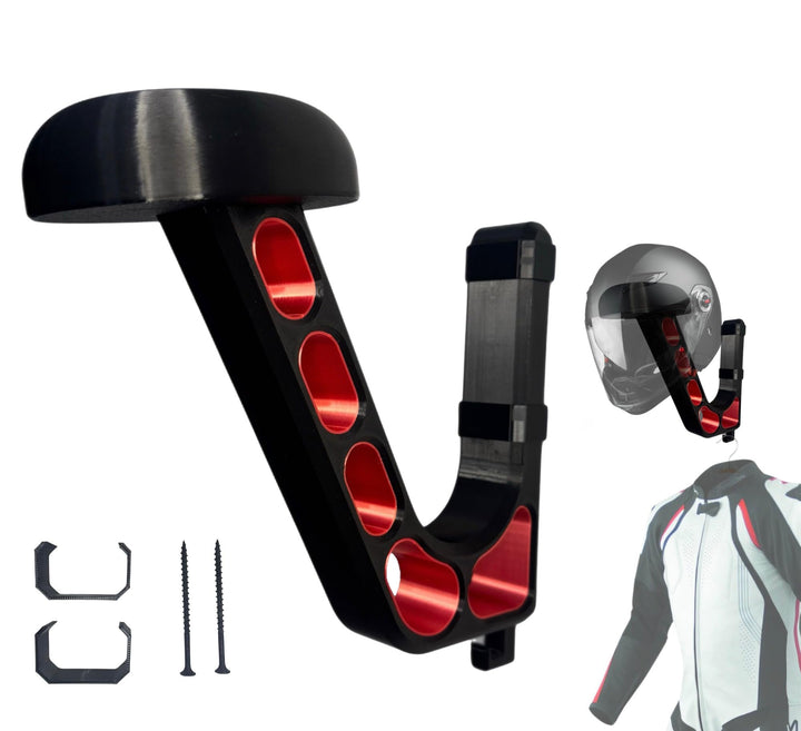Generic front view of helmet holder showing neat wall storage and protection