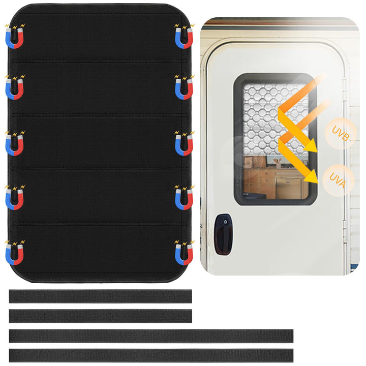 Generic brand front view of RV door shade showing full coverage and privacy benefit