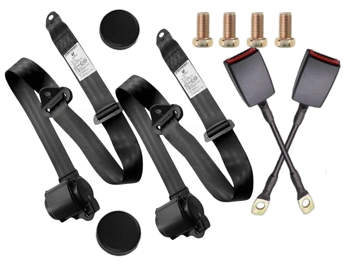 Generic front view showing both black 3-point seatbelt pads adding comfort