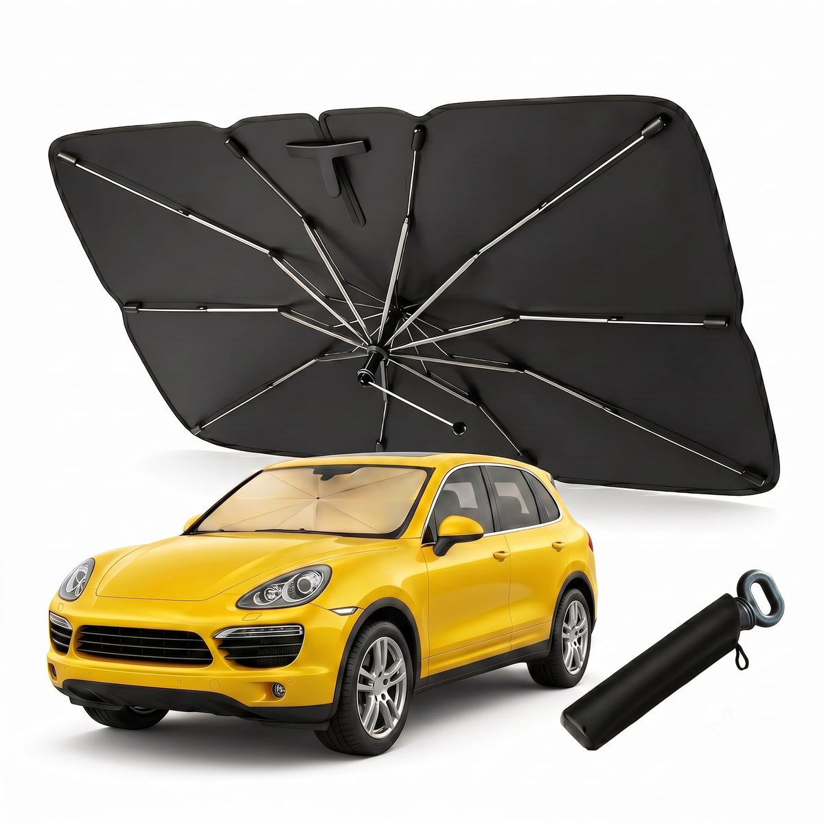 Generic front view of unfolded shade showing full windshield coverage and cooling benefit