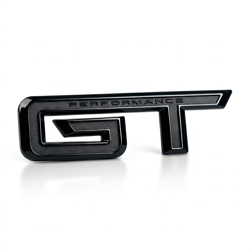 Generic GT emblem front view showing gloss black finish and sleek styling benefit