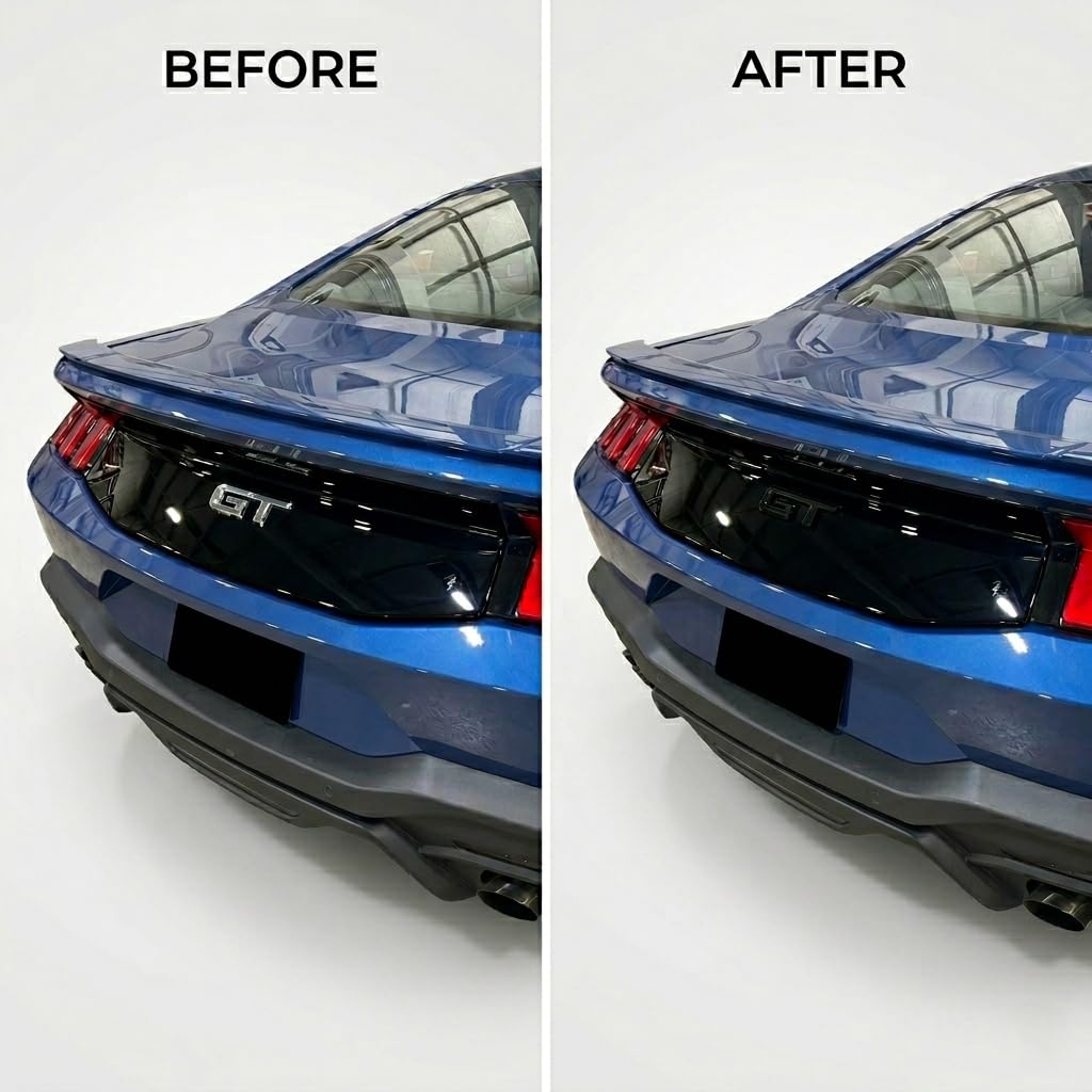 Generic GT emblem installed on Mustang rear decklid showing seamless OEM fit benefit