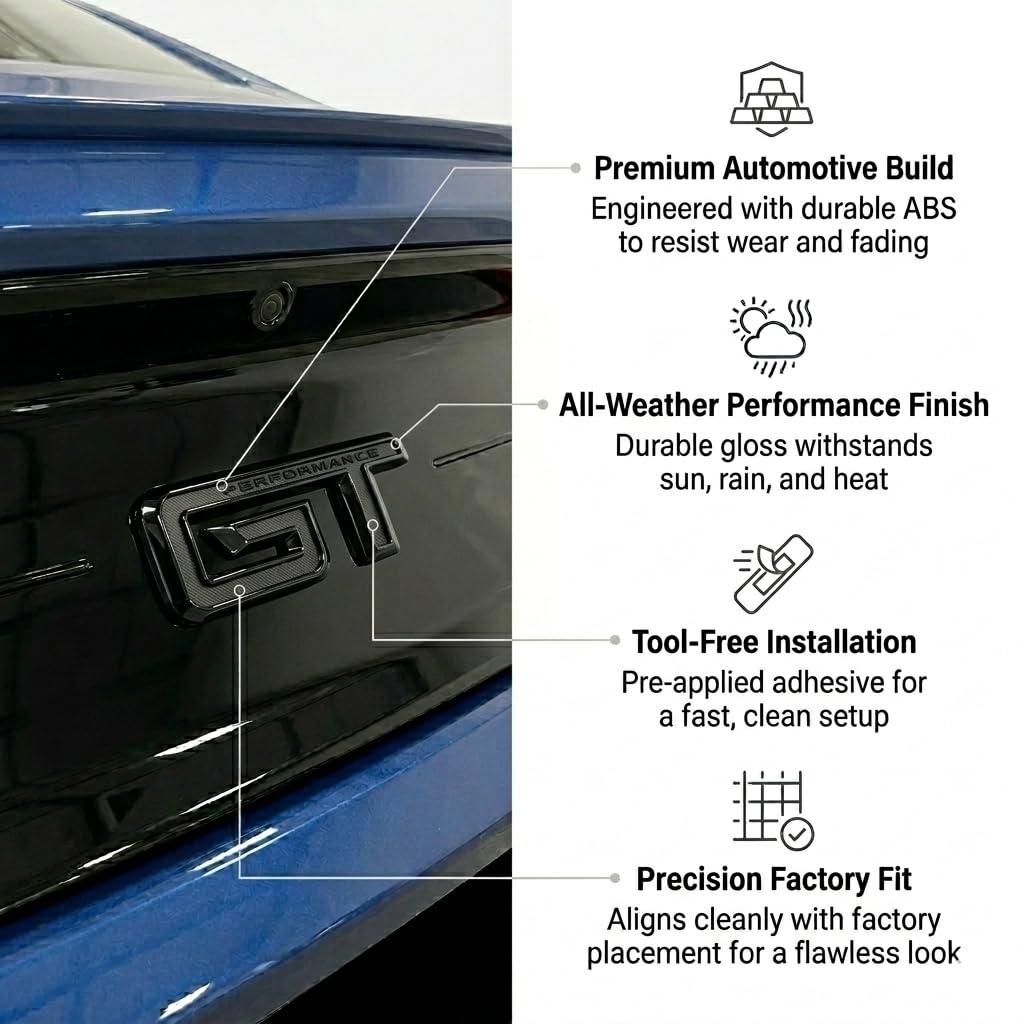 Generic GT emblem held in hand for size scale showing easy peel-and-stick installation benefit