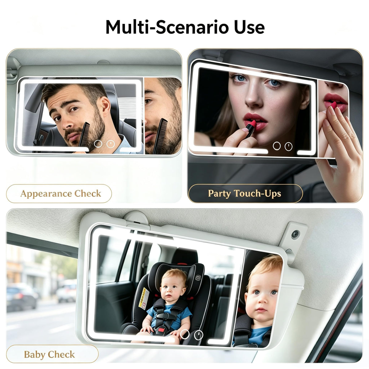 Generic lifestyle shot of mirror in car helping a commuter apply makeup
