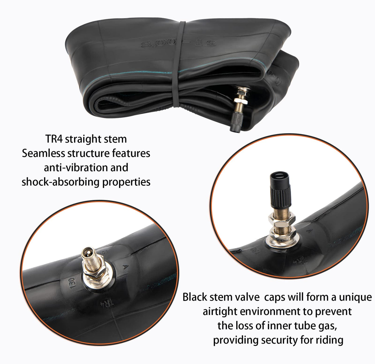 Generic valve stem close-up showing TR4 straight stem on inner tube, durable airtight benefit