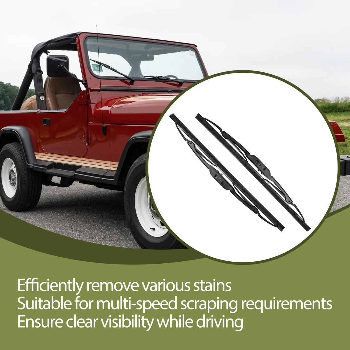 Generic brand wiper blades on a Jeep Wrangler driving in rain showing improved sightlines