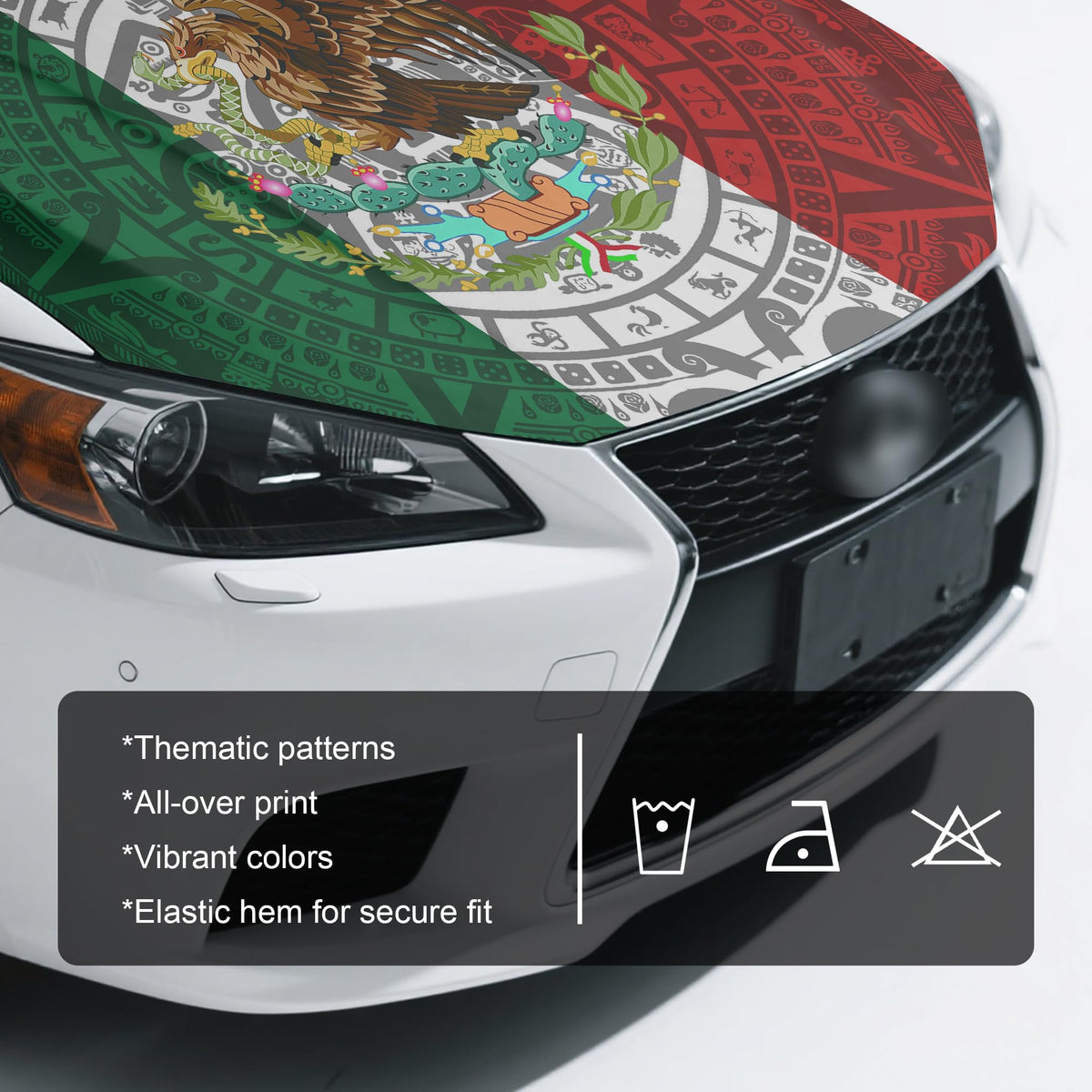 Generic Mexico Flag cover fitted on car side angle demonstrating secure fit