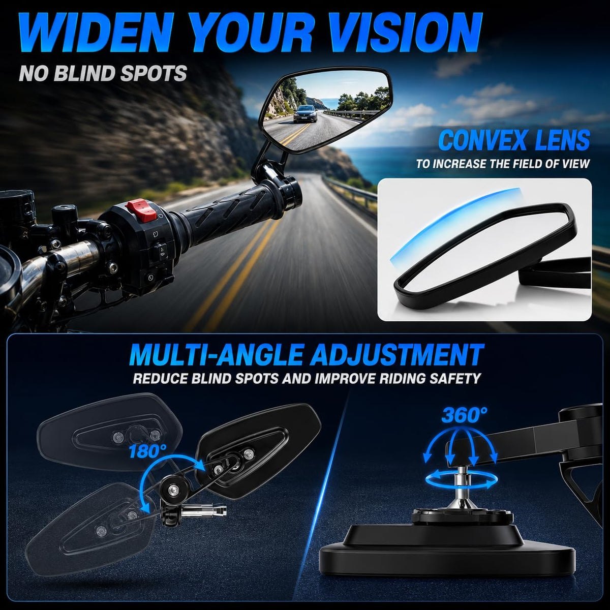 Generic brand mirror head adjusted demonstrating 180-degree positioning flexibility