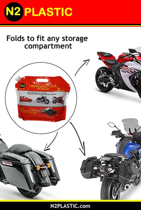 Generic pouch pouring gas into a small engine tank for quick refuel