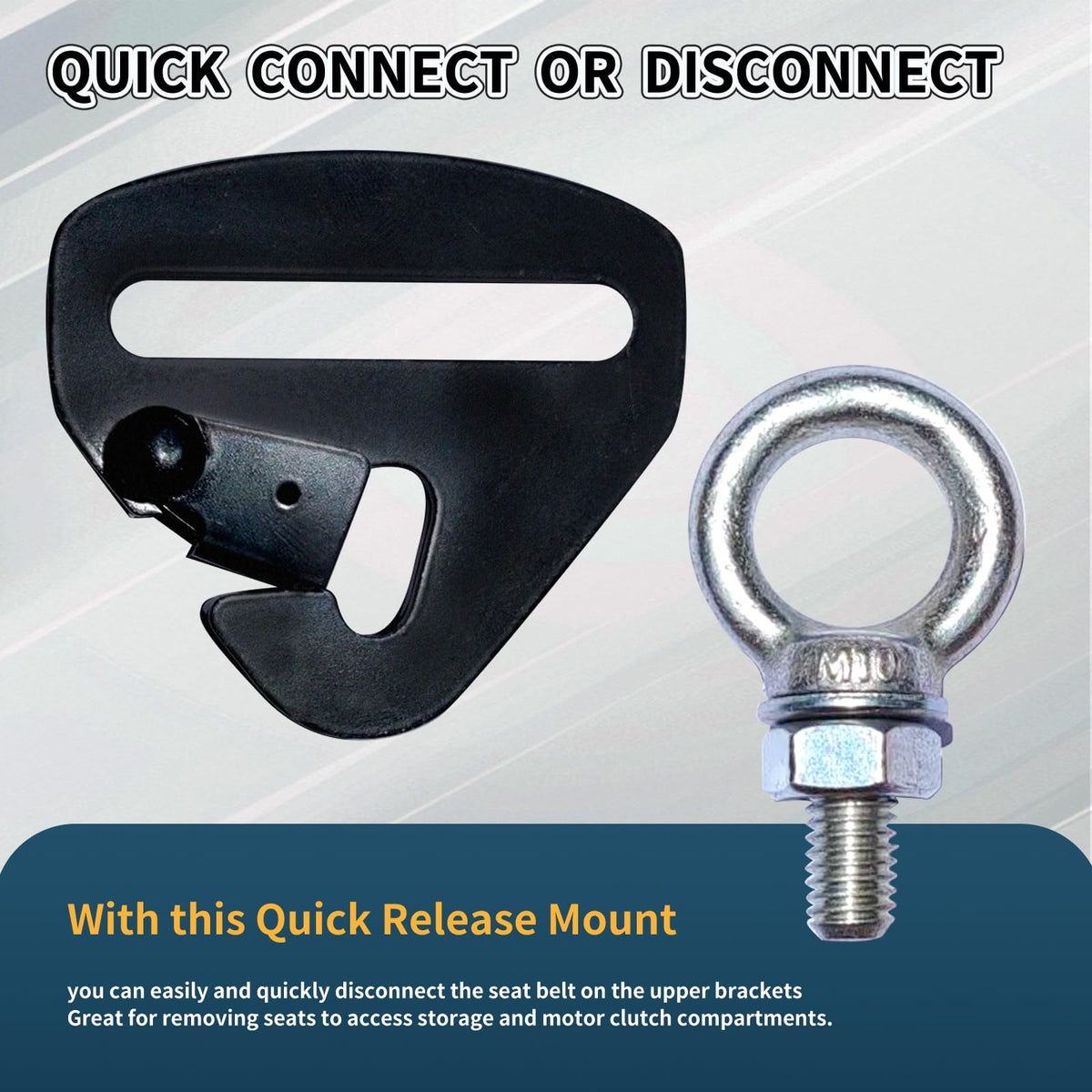 Generic quick release mounted on UTV upper bracket, brand simplifies seat removal