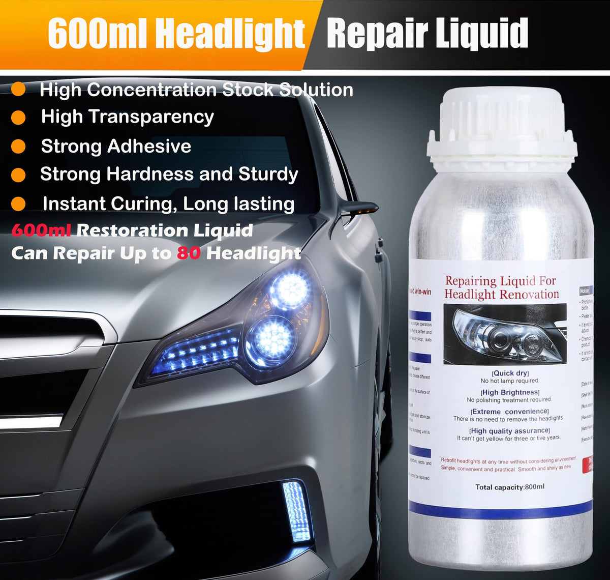 Generic brand repair process in use on a car headlight showing clear restoration and improved visibility