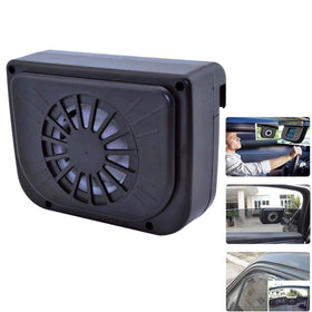Generic solar ventilator front view showing compact fan and solar panel, improves cabin comfort
