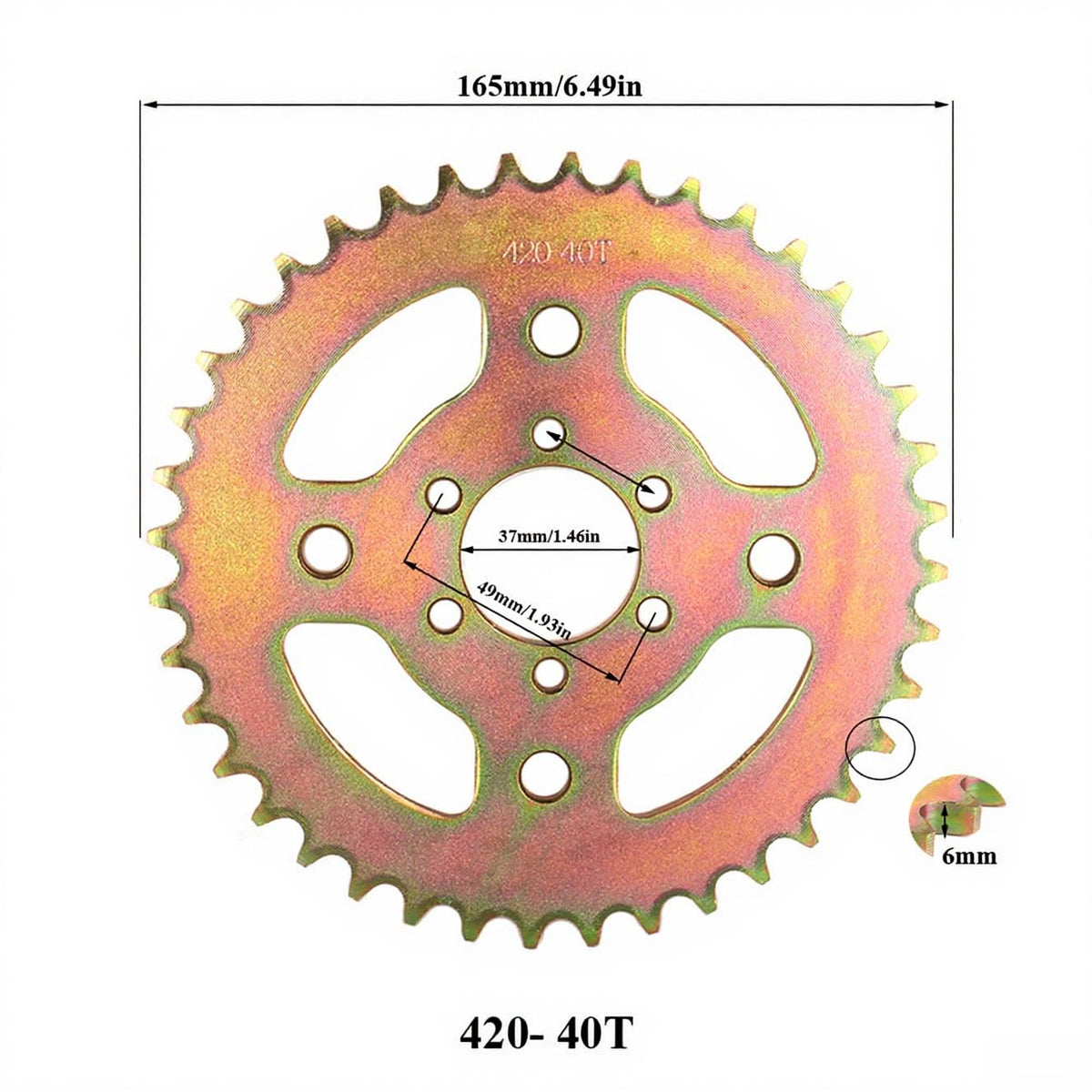 Generic sprocket next to ruler for scale, Generic benefit: verifies 37mm bore fit