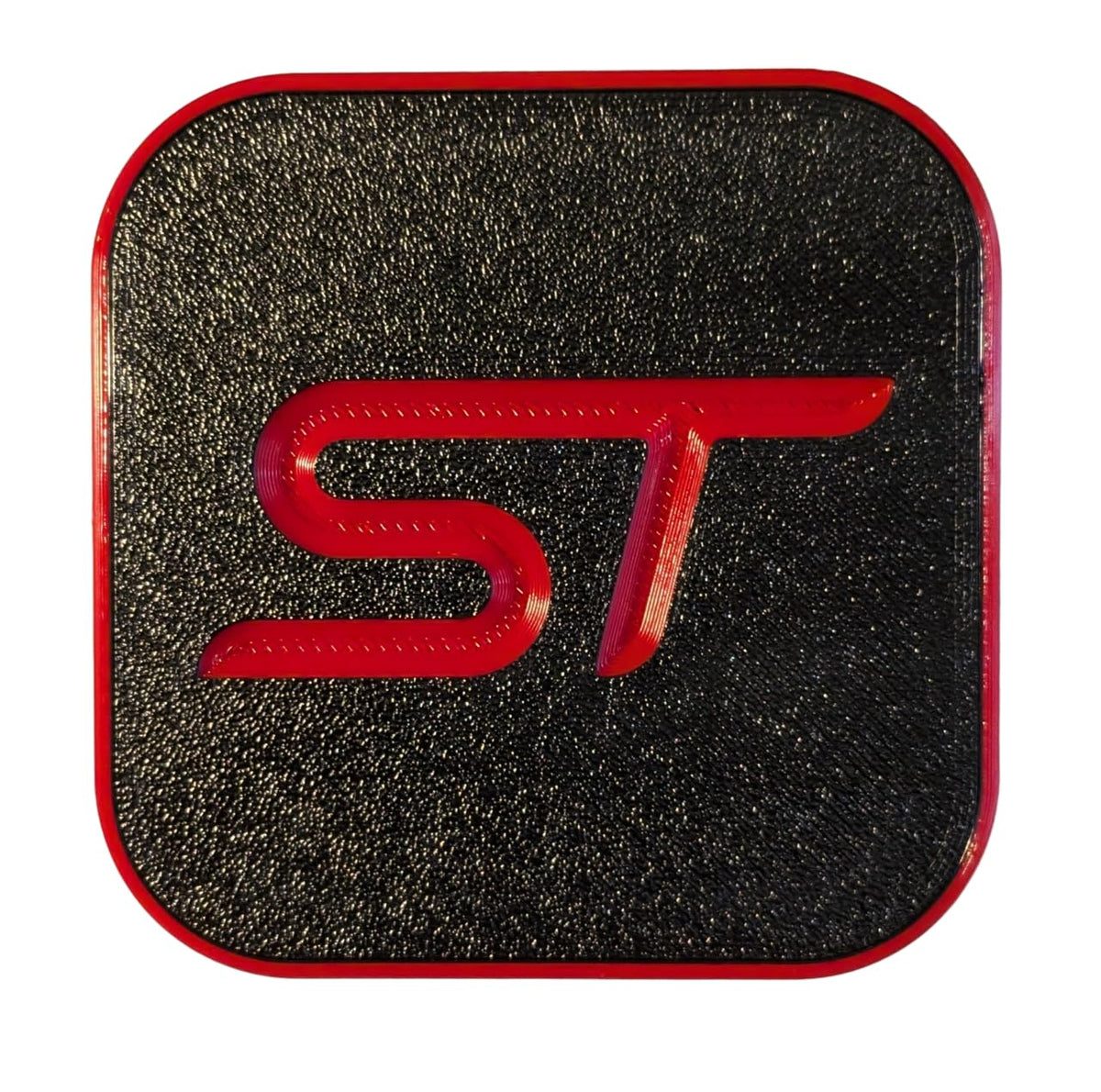 Generic ST hitch cover front profile showing red accent and black base, enhances vehicle styling