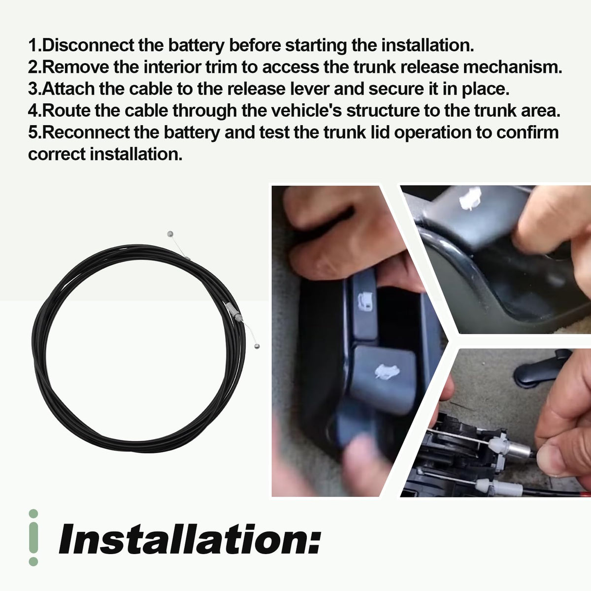Generic trunk release cable beside ruler showing accurate length for correct routing