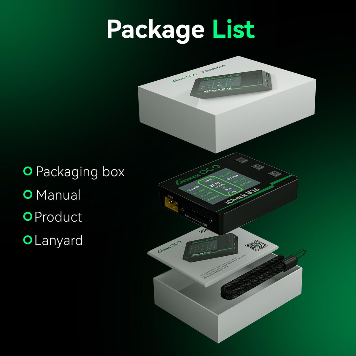 Gens ace iCheck B36 boxed with manual for easy unboxing and setup