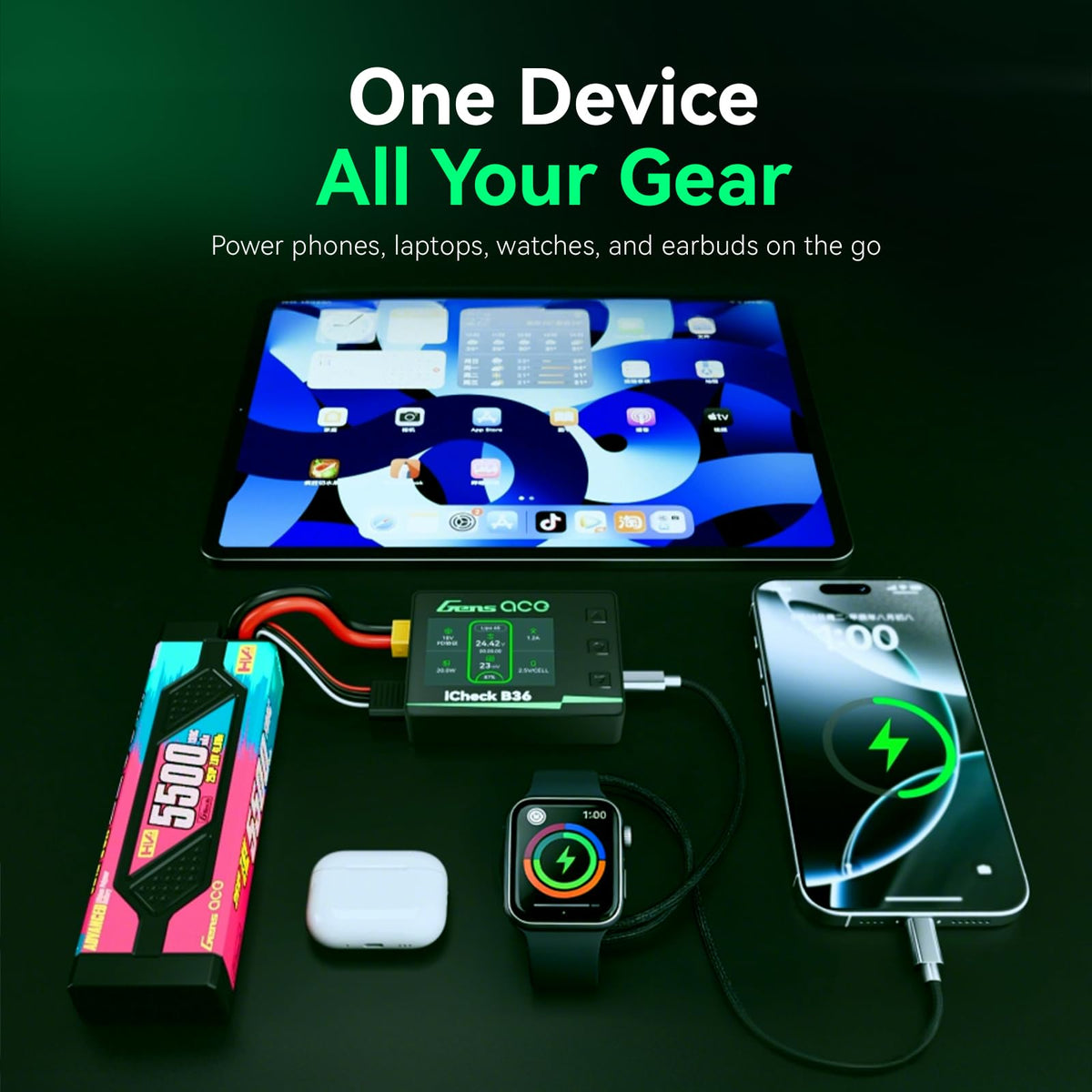 Gens ace iCheck B36 powering phone via USB-C PD for quick charging