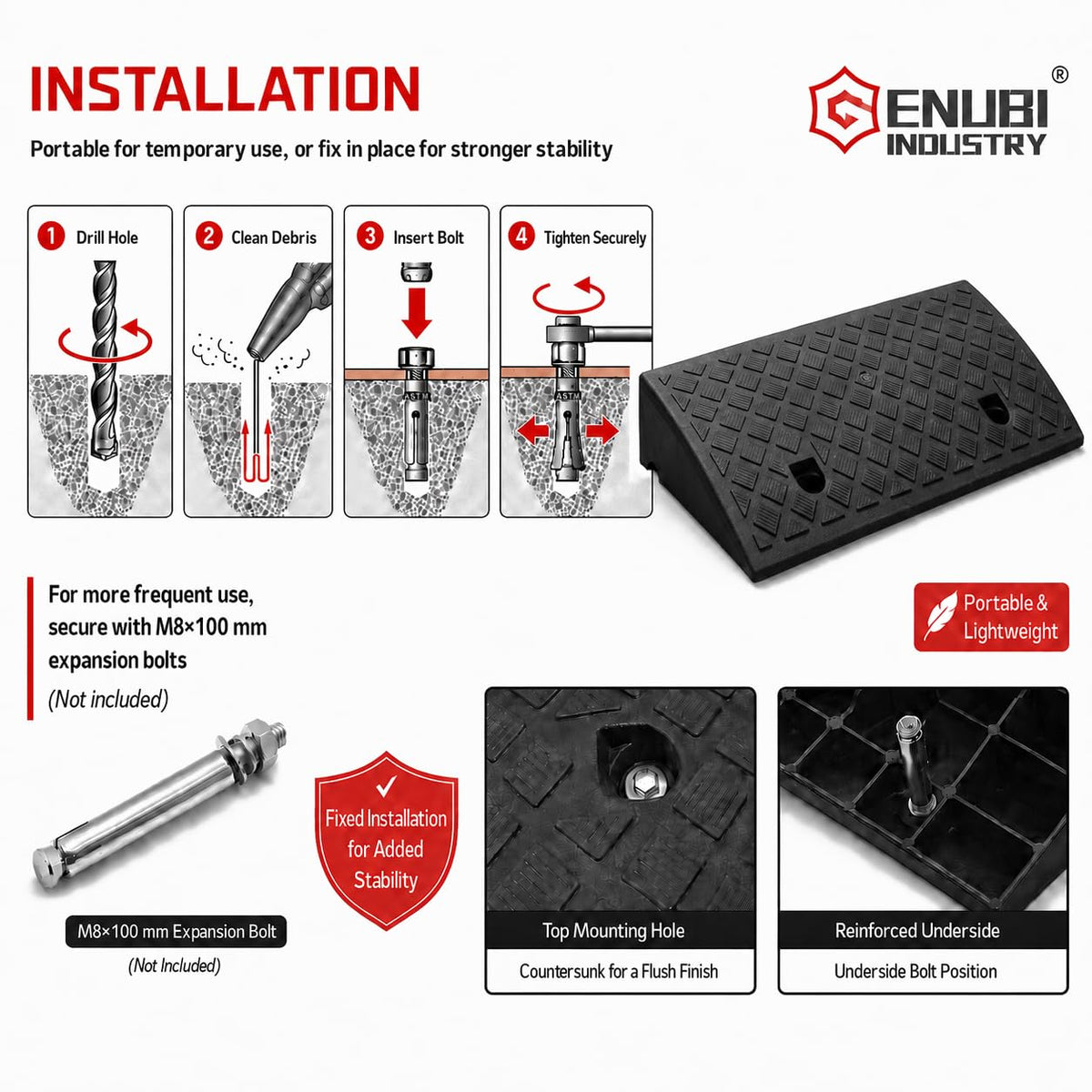 Genubi Industry ramp beside ruler showing dimensions for correct fit and planning