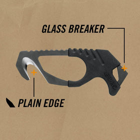 Gerber close-up of recessed hook blade, demonstrating guarded cutting performance