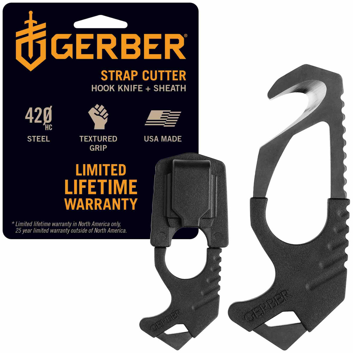 Gerber front view showing compact rescue tool and sheath for quick access
