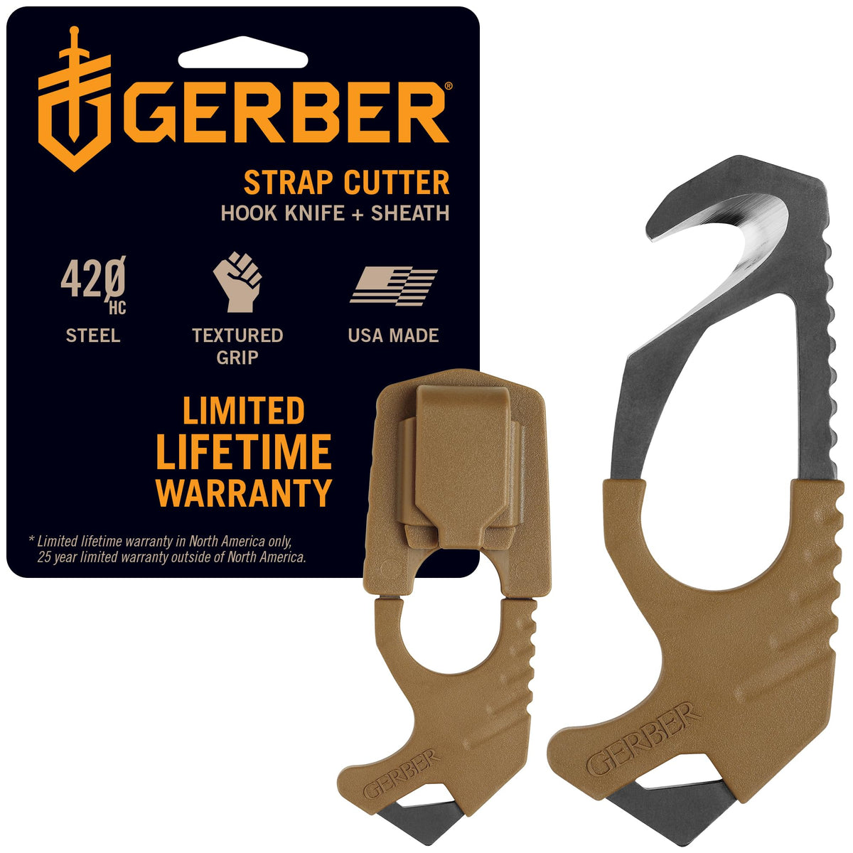 Gerber front view showing cutter and sheath, ready for fast access and safety
