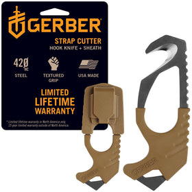 Gerber front view showing cutter and sheath, ready for fast access and safety