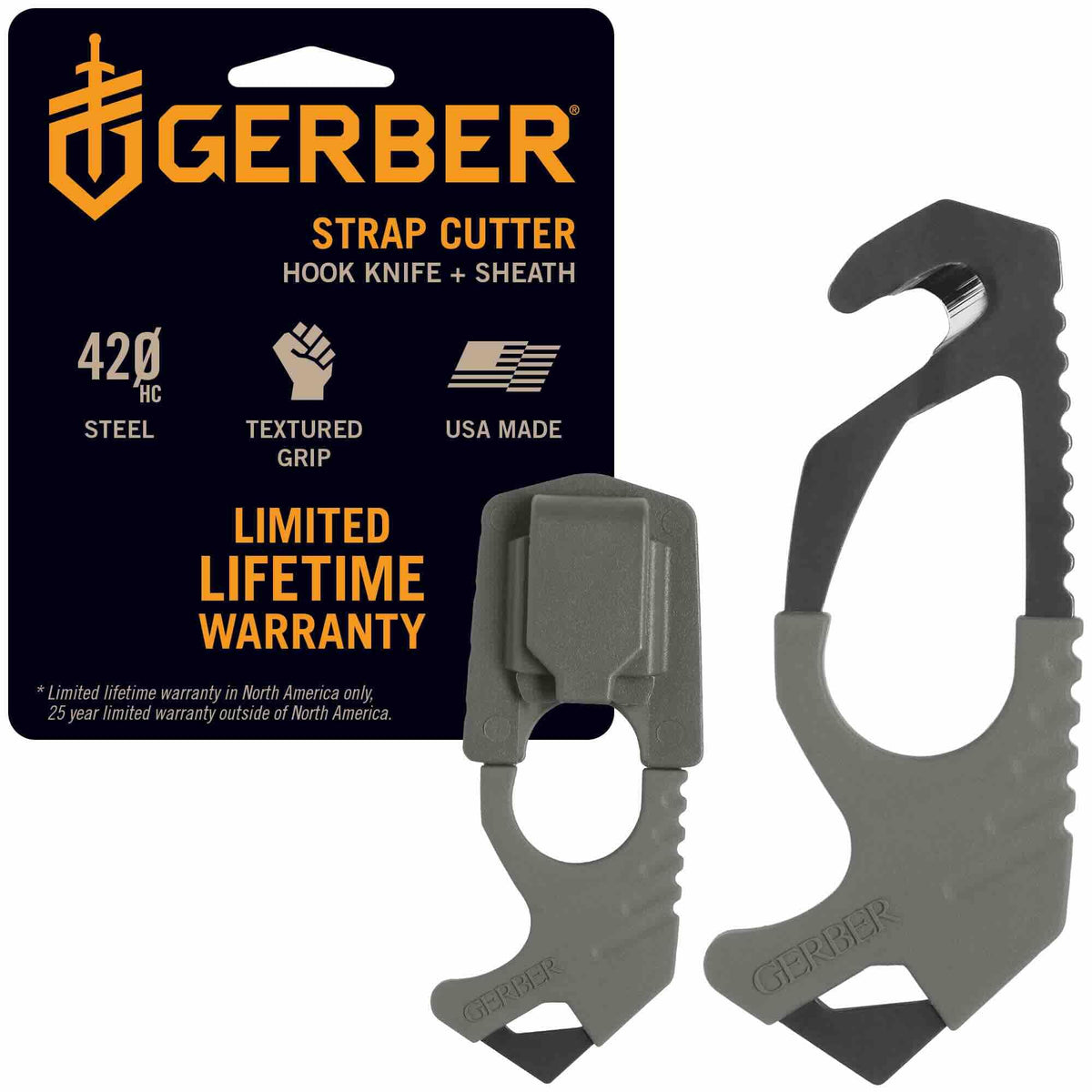 Gerber front view of seatbelt cutter showing compact rescue tool and quick access
