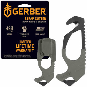 Gerber front view of seatbelt cutter showing compact rescue tool and quick access