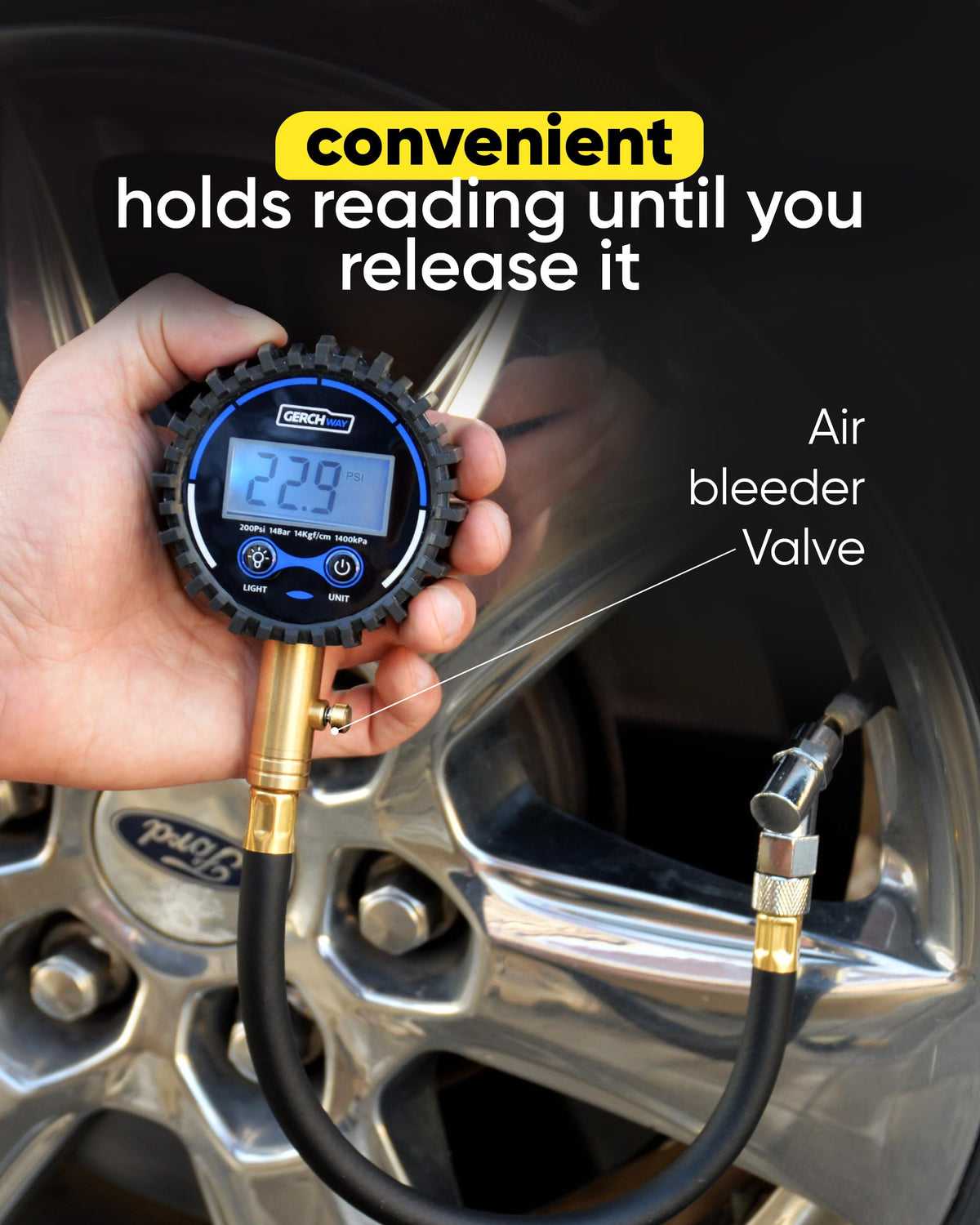 GERCHWAY 12-inch flexible hose demonstrating reach and convenience