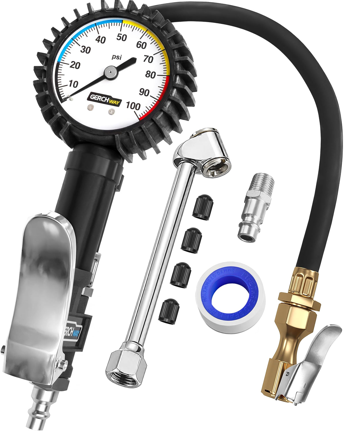 GERCHWAY front view of inflator showing gauge and hose for dependable pressure control