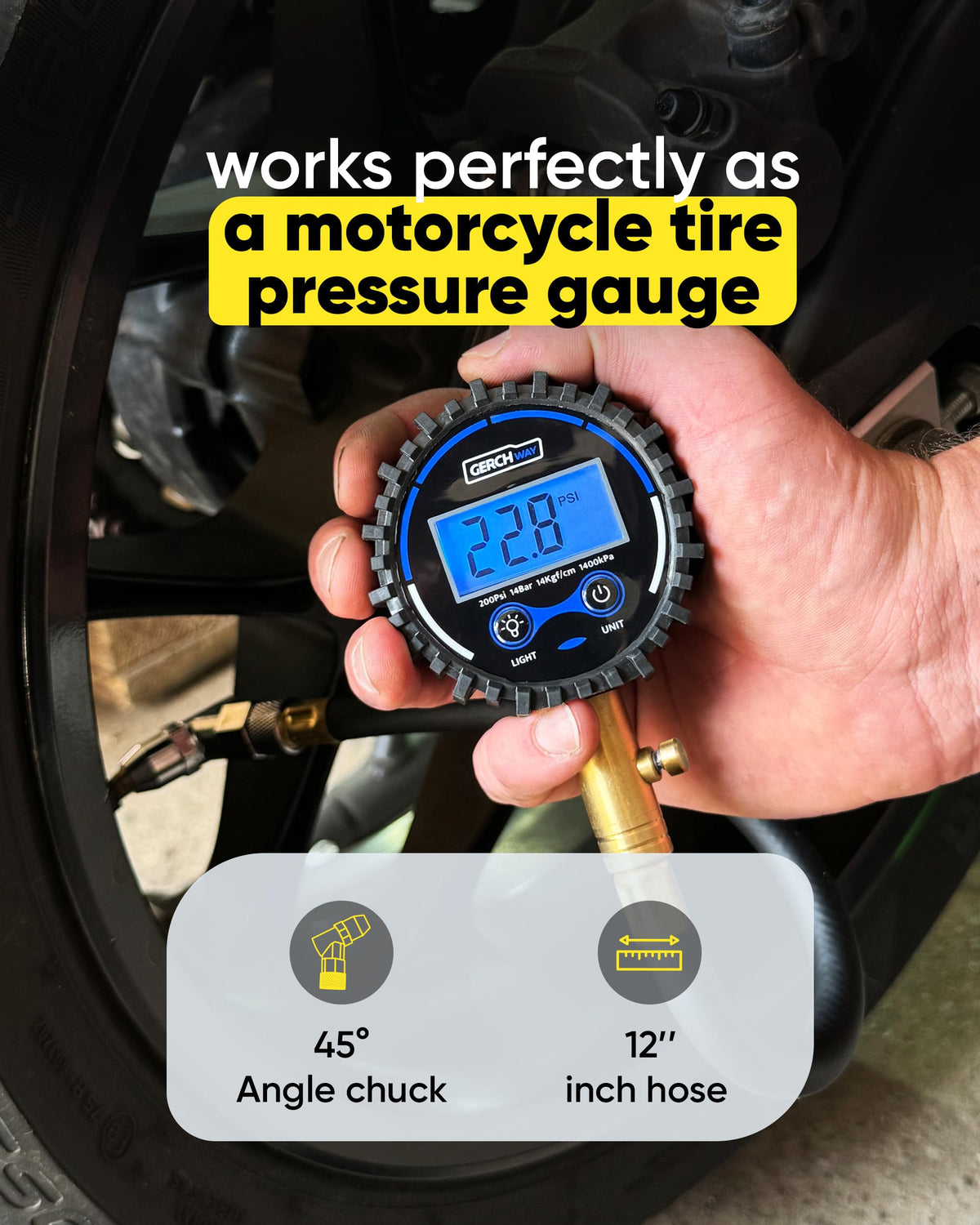GERCHWAY gauge attached to car tire illustrating quick roadside checks