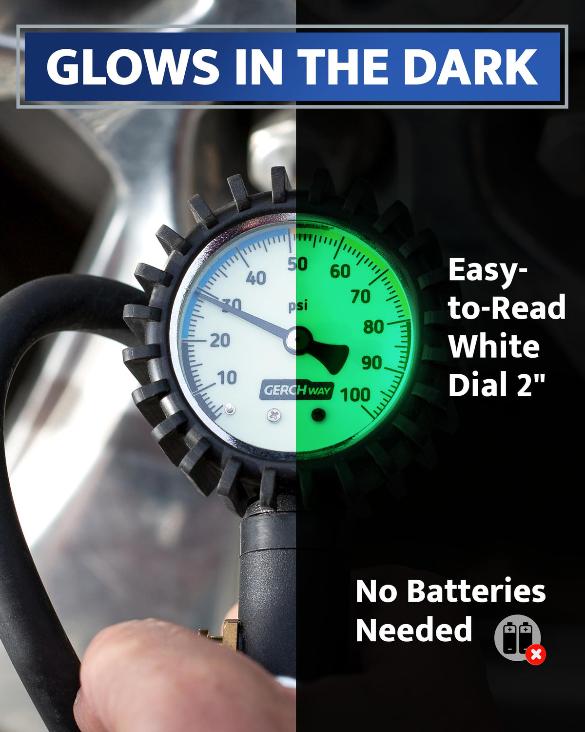 GERCHWAY inflator attached to a car tire in use for fast, accurate inflation