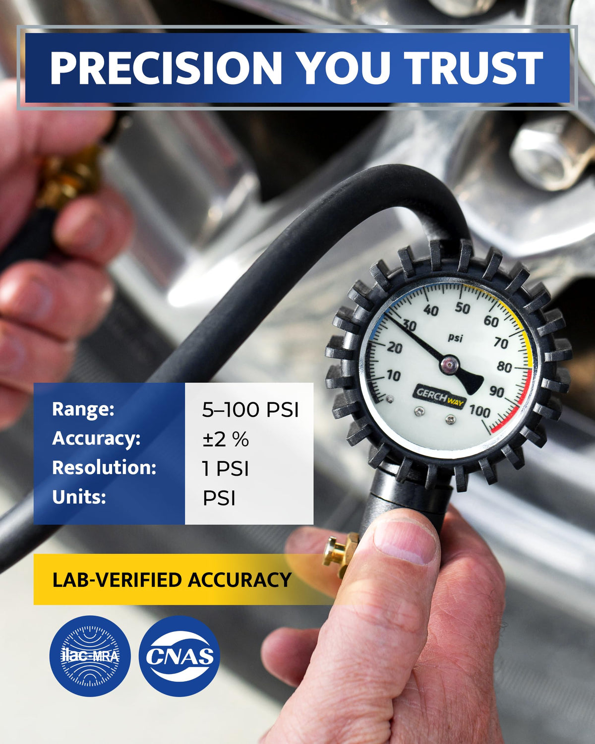 GERCHWAY swivel air chuck detail demonstrating secure valve seal and hands-free use
