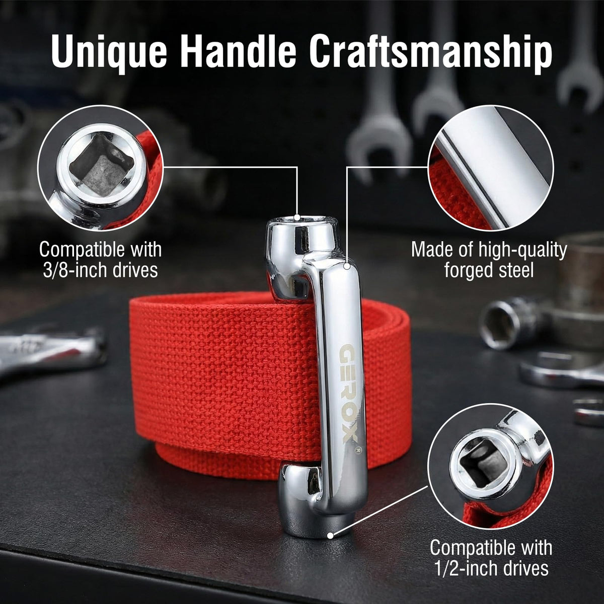 Gerox forged steel handle detail demonstrating heavy-duty strength