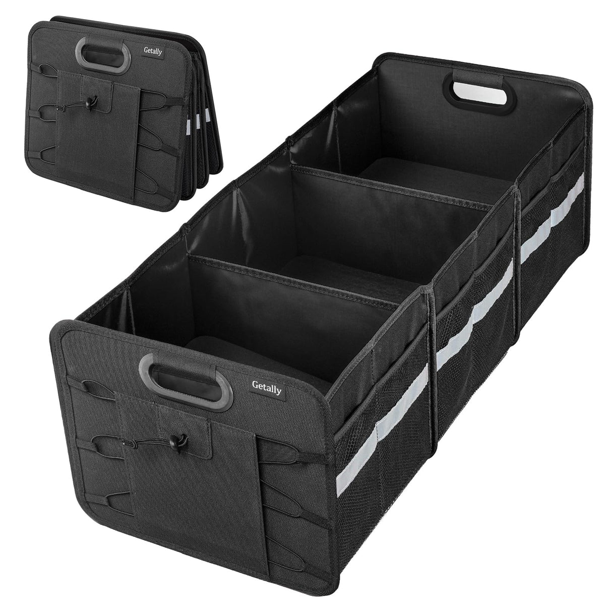 Getally front view showing three compartments and tidy organization benefits