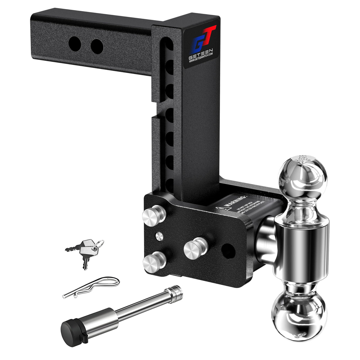 Geteen front view of assembled hitch showing dual-ball versatility and robust build