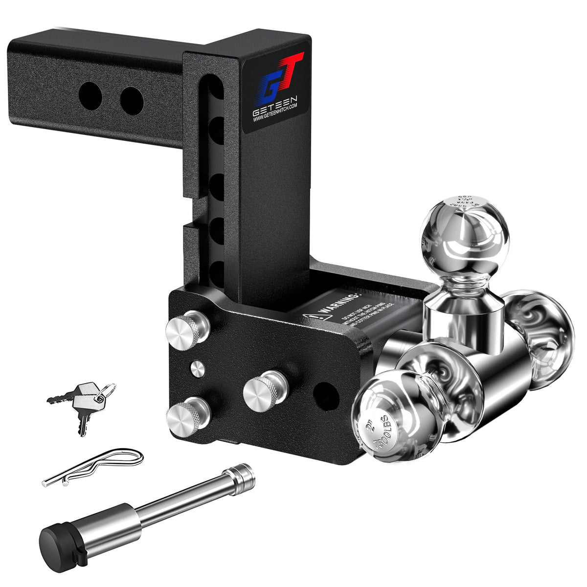 Geteen front view of tri-ball mount showing all ball sizes and sturdy build for versatility