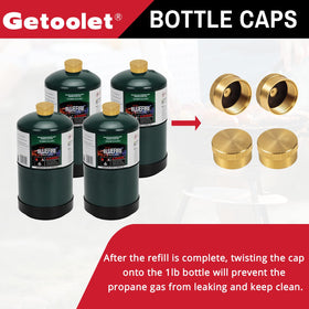 Getoolet kit caps and sealing tape displayed to prevent leaks and protect valves